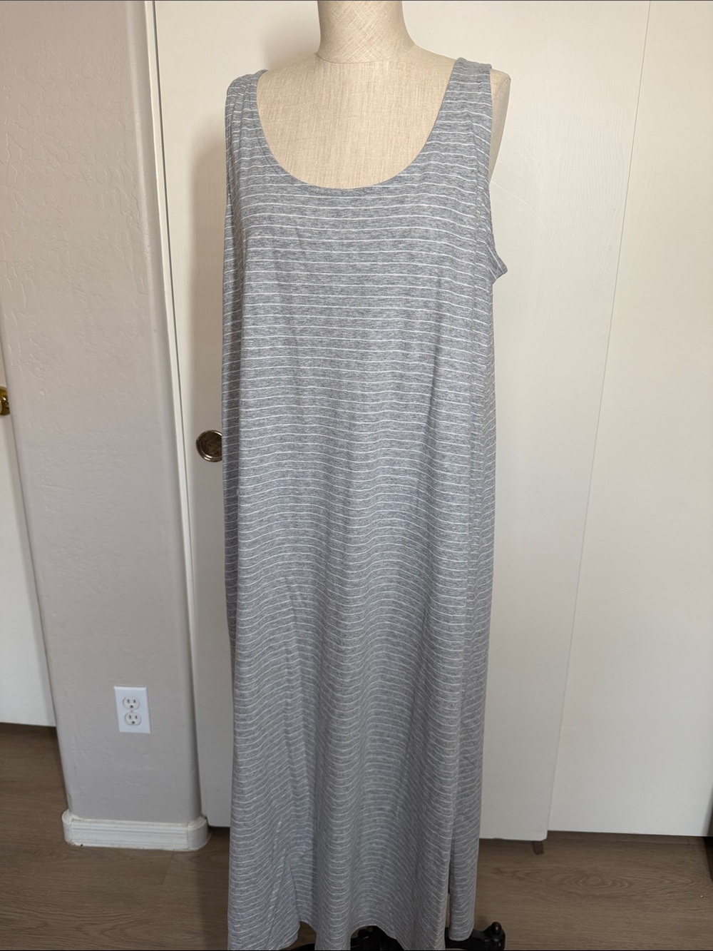 Eileen Fisher Organic Cotton Interlock Gray and White Stripe Tank Sleep Dress L